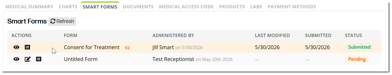 A view of the SmartForms tab in the patient workspace showing the recently submitted SmartForm v2 with the eye icon highlighted to view the sumbission.